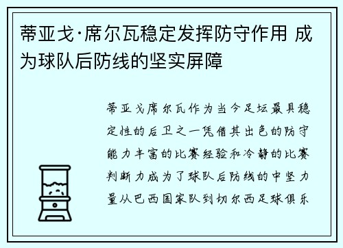 蒂亚戈·席尔瓦稳定发挥防守作用 成为球队后防线的坚实屏障
